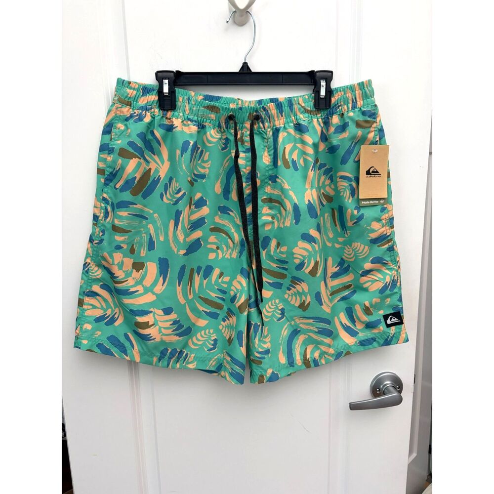 New Quiksilver Swim Trunks Mens XXL Green Tropical Palm Print Board Shorts Surf